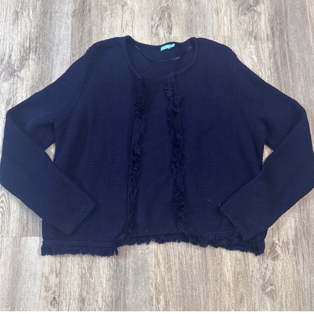 J. McLaughlin Navy Blue Fringe Trim Textured Knit Cashmere Blend Cardigan Large